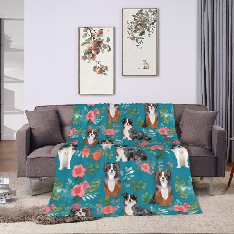 LodiSFOA Australian Shepherd Dogs Flowers Fleece Throw - Lightweight, Super Soft, Cozy Bed - Warm Blanket for Living Room/Bedroom - All Season (50"x40") - Image 3